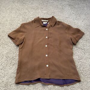 Annie Alexander Vtg Brown Silk Short Sleeve Button Up Y2K Old Money Minimalist M
